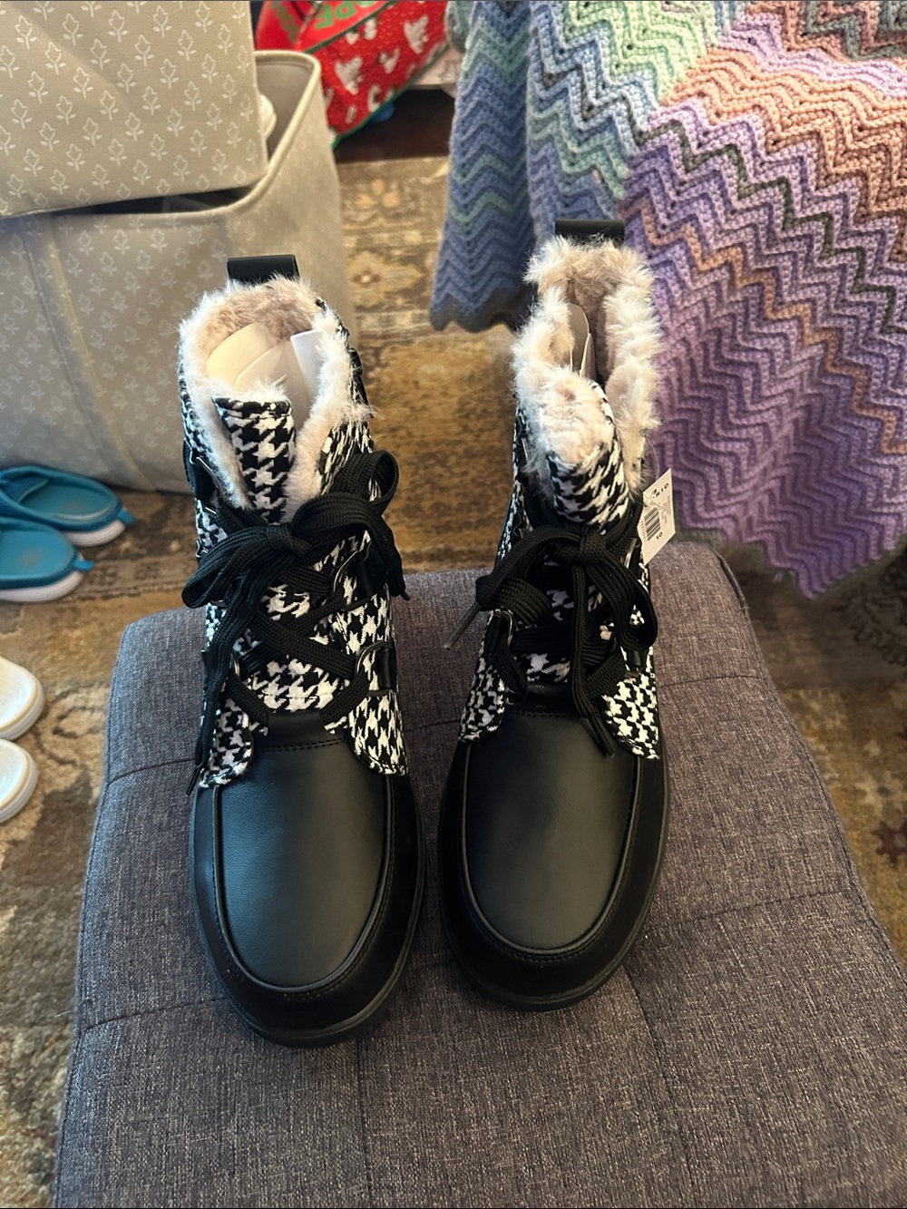 torrid Black Houndstooth Faux-Fur Lace-Up Boots